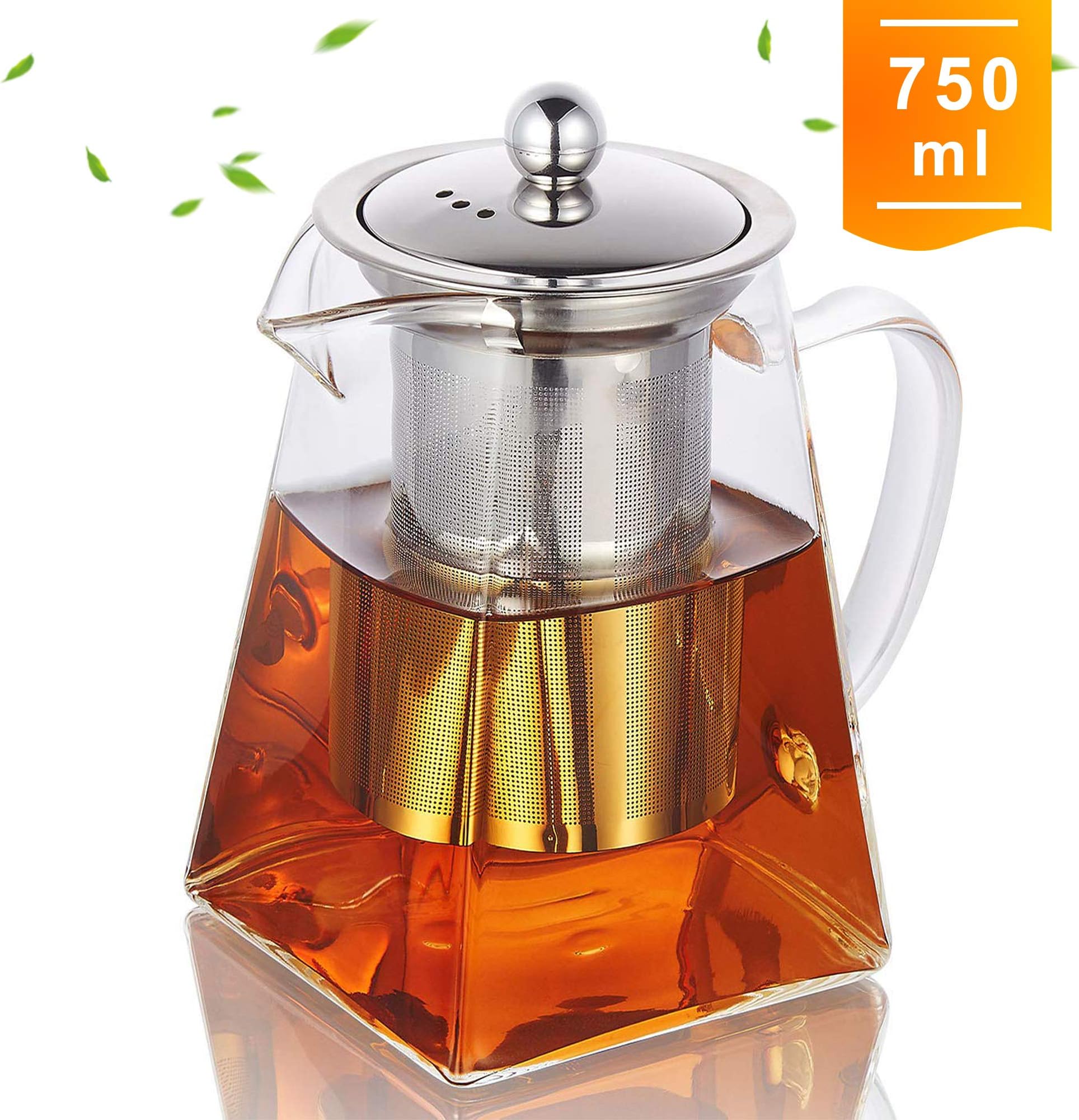 Highbor Clear Glass Tea Pot with Strainer, 750 ml/26.4oz Borosilicate Glass Teapot with Infusers for Loose Tea, Stovetop Safe Glass Teapot for Blooming & Loose Leaf, Microwave & Dishwasher Safe