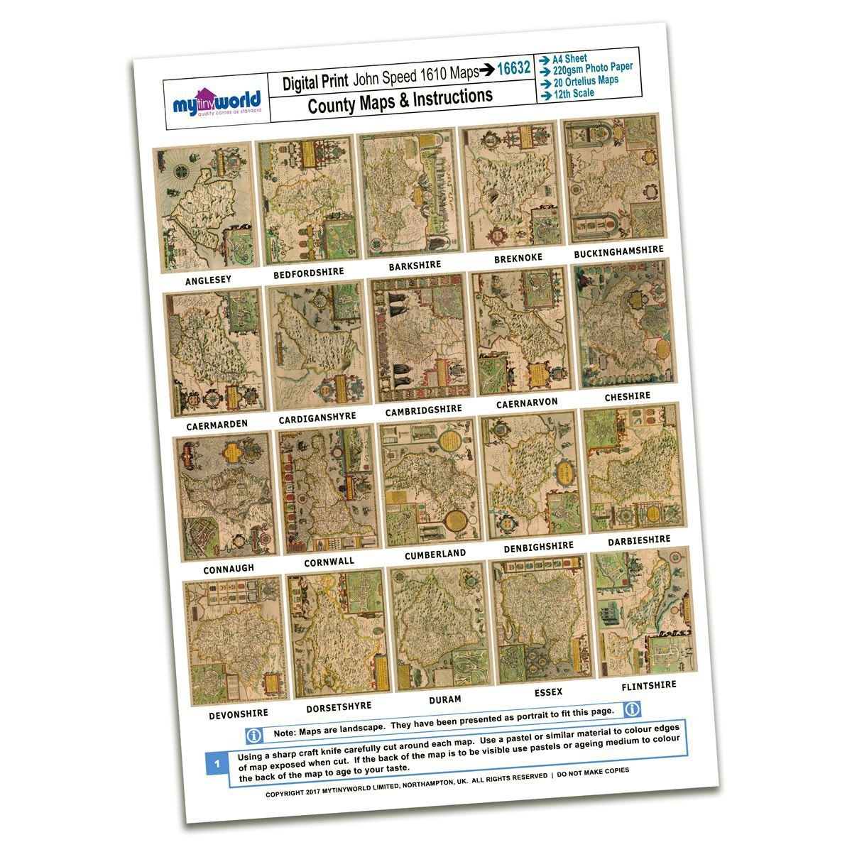 MyTinyWorld Dolls House 20 Aged John Speed UK County Maps A4 Value Sheet 1
