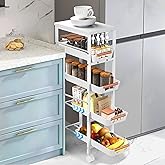 Outink Slim Storage Cart, 5-Tier Narrow Rolling Kitchen Laundry Room Cart with Drawer and Wheels, Metal Utility Cart Slide Out Organizer for Small Spaces (White)