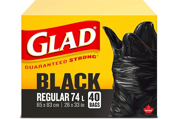 Glad Black Garbage Bags - Regular 74 Litres - 40 Trash Bags Made in Canada of Global Components
