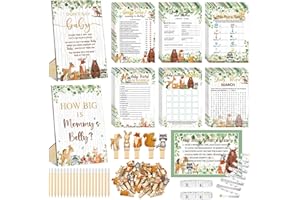 Funnymoom 426 Pcs Woodland Baby Shower Games Set-8 Games, Includes Baby Shower Bingo, Price is Right, Guess Who, Word Scramble, Prediction and Advice, How Big is Mommy's Belly, Don't Say The Words