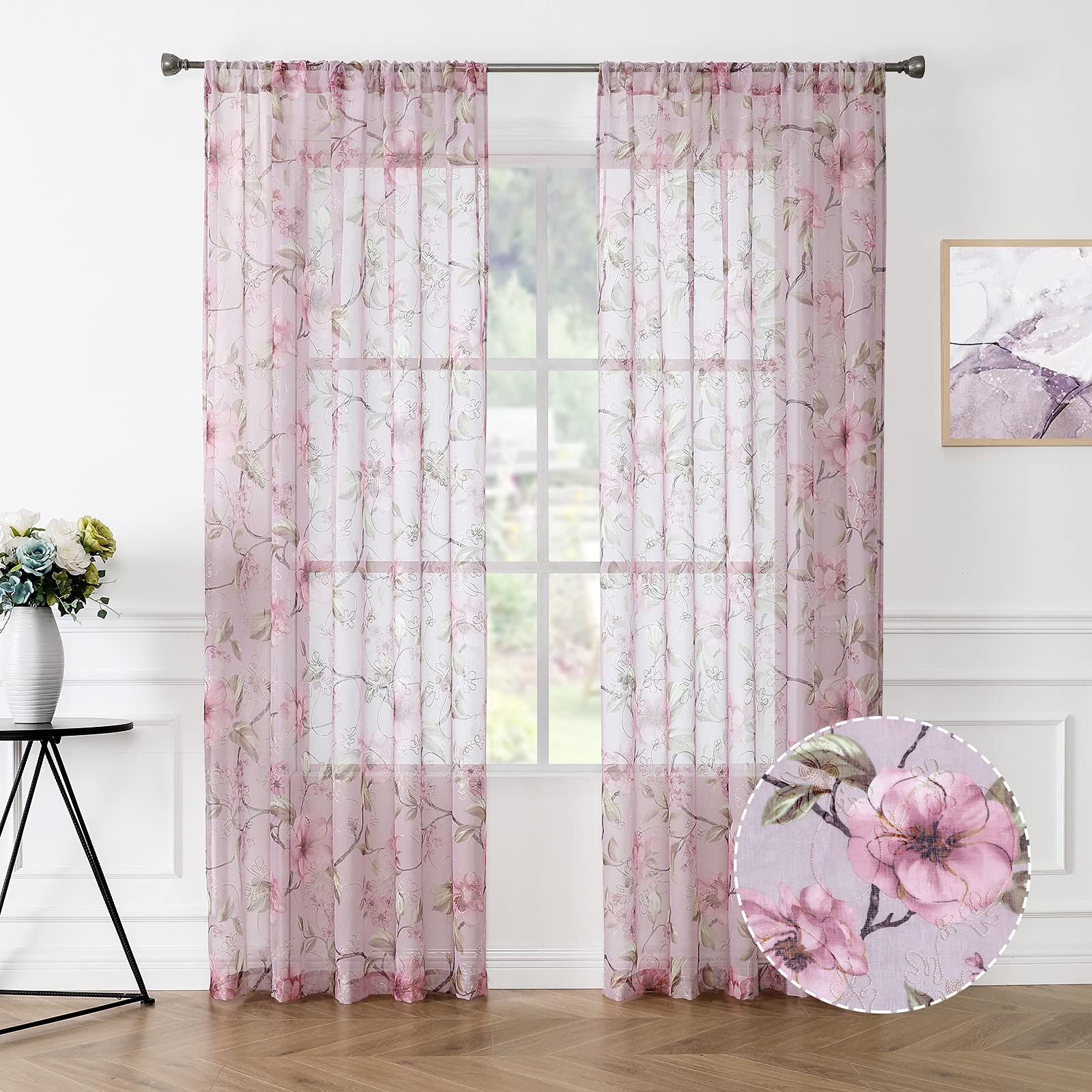 Tollpiz Sheer Curtains Pink Flower Leaf Printed Floral Embroidered Bedroom Curtain Sheers Rod Pocket Voile Faux Linen Short Window Curtains for Living Room, 54 x 54 inches Long, Set of 2 Panels