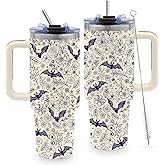 40 Oz Halloween Tumbler, Beige Bat Goth Water Bottle with Handle and Straw, Stainless Steel Coffee Travel Mug Cup, Christmas Halloween Birthday Gifts for Men, Women, Friends