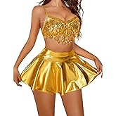Avidlove Women's Lingerie Sets Rave Outfits Sequin Bra Top Mini Skirt Sequin Boudoir Outfits Gold XXL