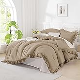 Andency Taupe Queen Comforter Set(90x90Inch), 3 Pieces(1 Ruffle Comforter and 2 Pillowcases) Solid Bedding Comforter Sets for Queen Bed, Lightweight and Fluffy Soft Microfiber Bedding Set