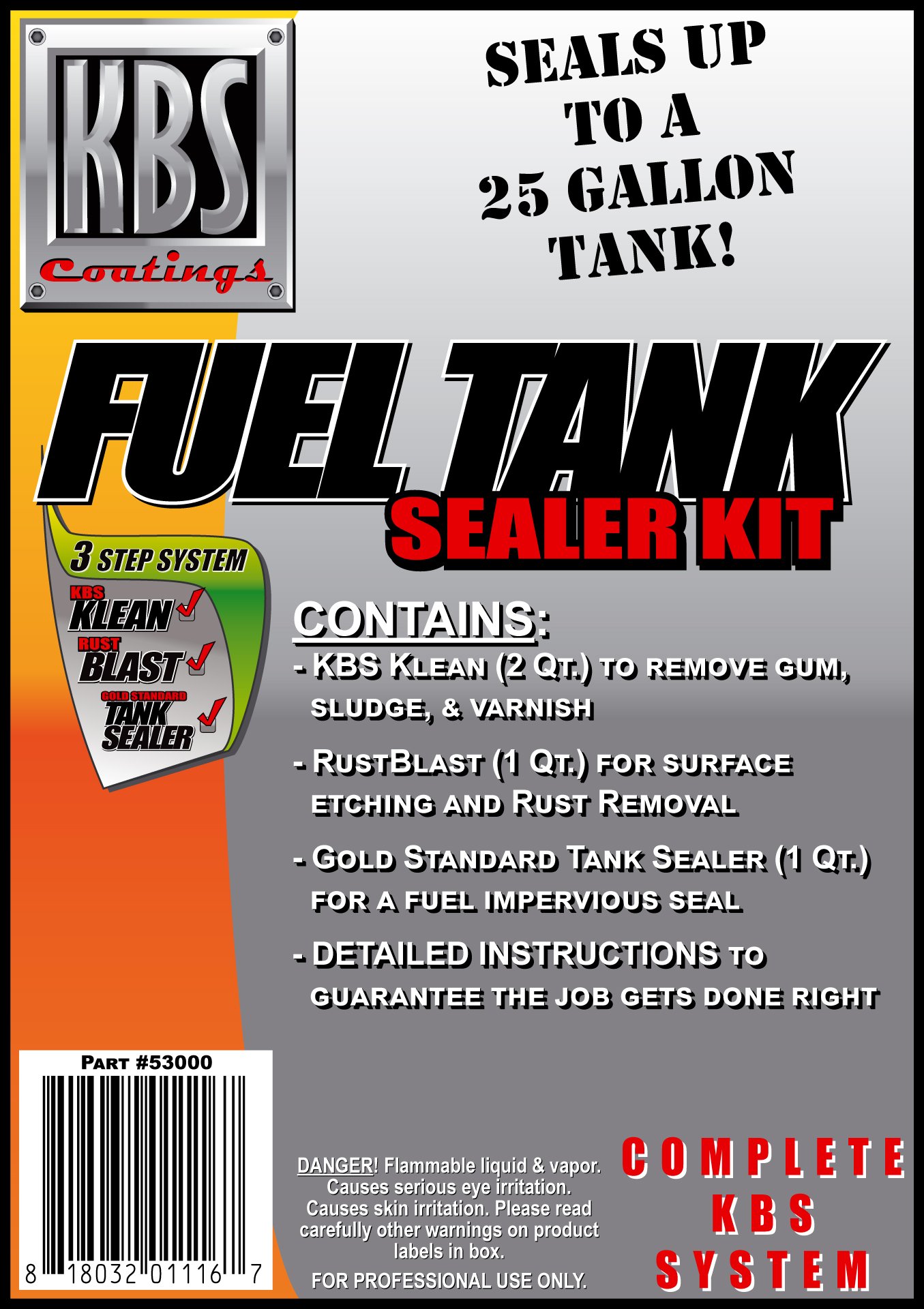 KBS Coatings 53000 Auto Fuel Tank Sealer Kit, Seals Up to 25 Gallon Tank