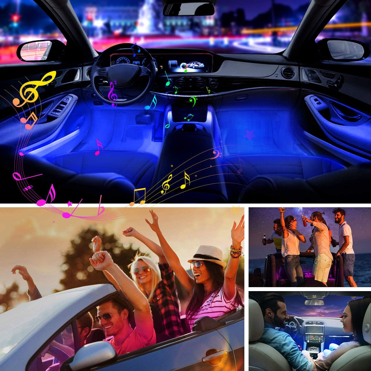 WEISIJI Car LED Strip Light,APP Controller Car Interior Lights,4Pcs 48 LEDs Lighting Kits, Multi DIY Color Music Under Dash Car Lighting with Car Charger, DC 12V: Automotive