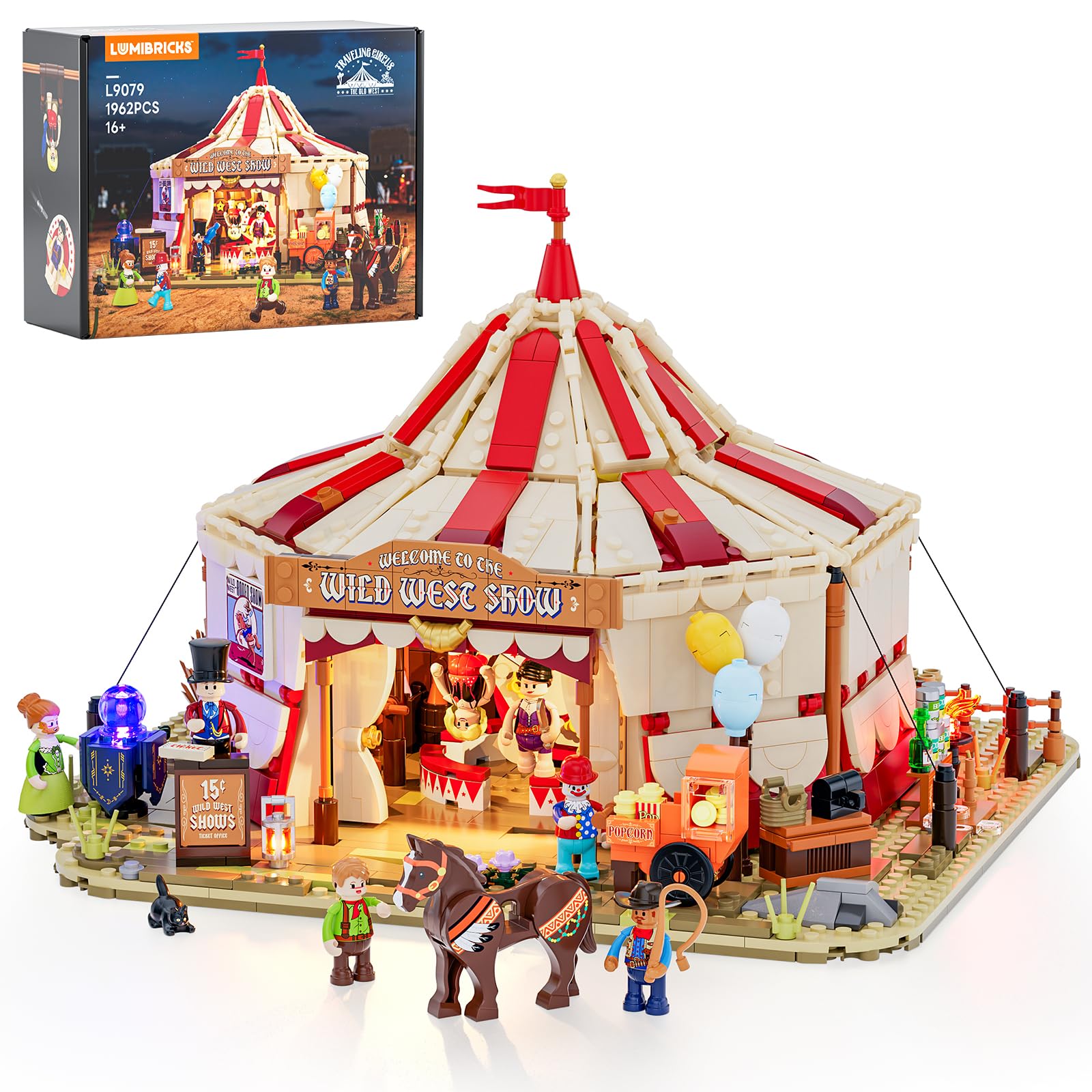 Lumibricks Traveling Circus Bauset mit Licht – 1962 Teile Zirkuszelt mit LED & Minifiguren – Modularer Jahrmarkt für Erwachsene, Westernfans & Freizeitpark-Sammler
