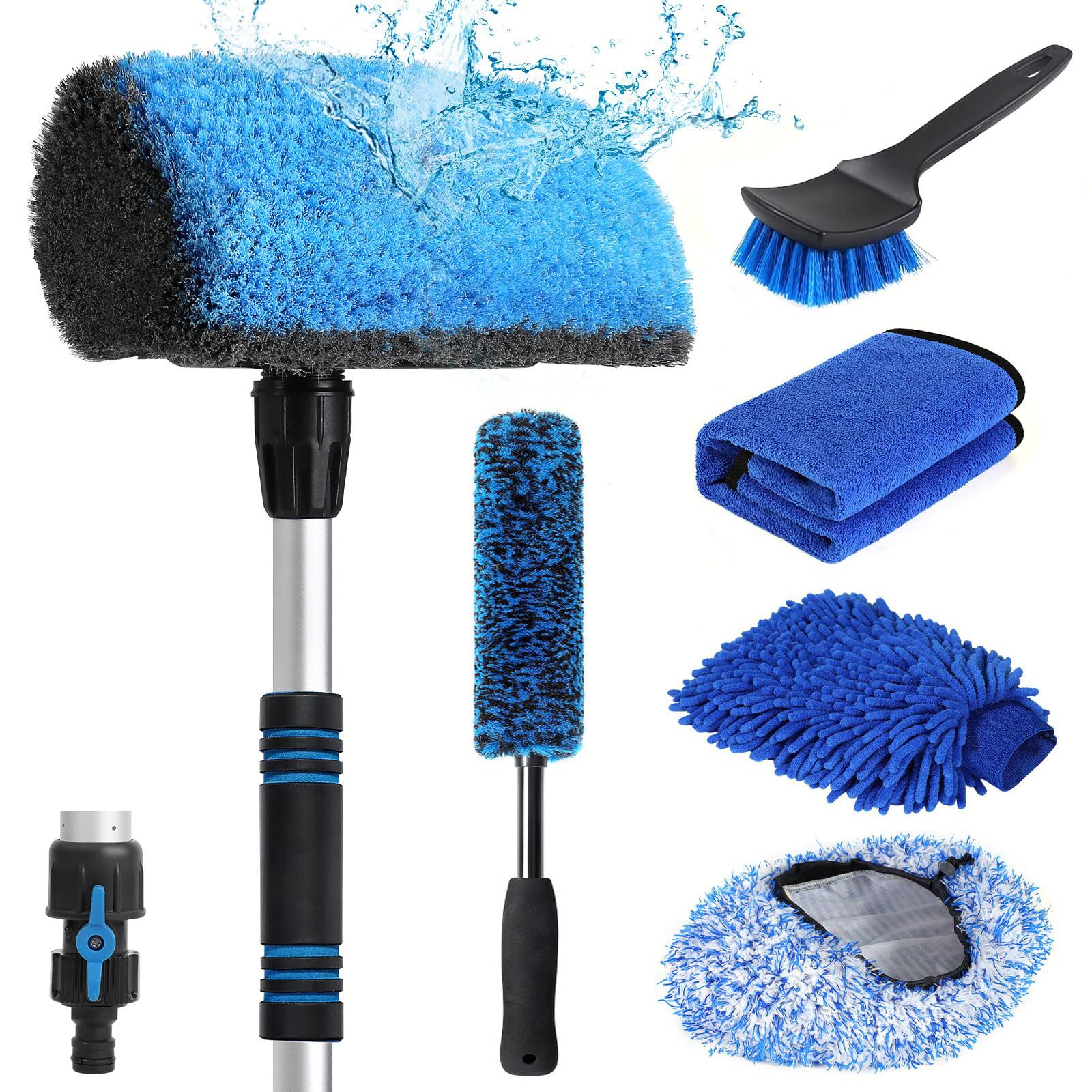 Photo 1 of ***MISSING LONG HANDLED -SELLING AS IS *** Flow-Thru Car Wash Brush, Complete Soft Bristles Car Washing Brush Mop Kit, with Car Brush Head Cover, Wash Mitt, Towel, Wheel Tire Brush for Car, Truck, RV, House, Boat Cleaning