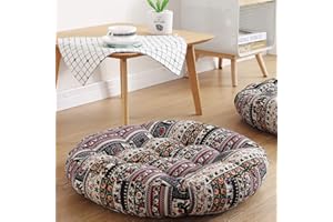 SEXYSAMBA Boho Round Floor Seat Pillows Cushions 22" x 22", Soft Cotton Linen Bohemian Yoga Mandala Meditation Pouf Tatami Floor Pillow Cushion for Living Room Adults & Kids Casual Reading Nooks,Elephant A