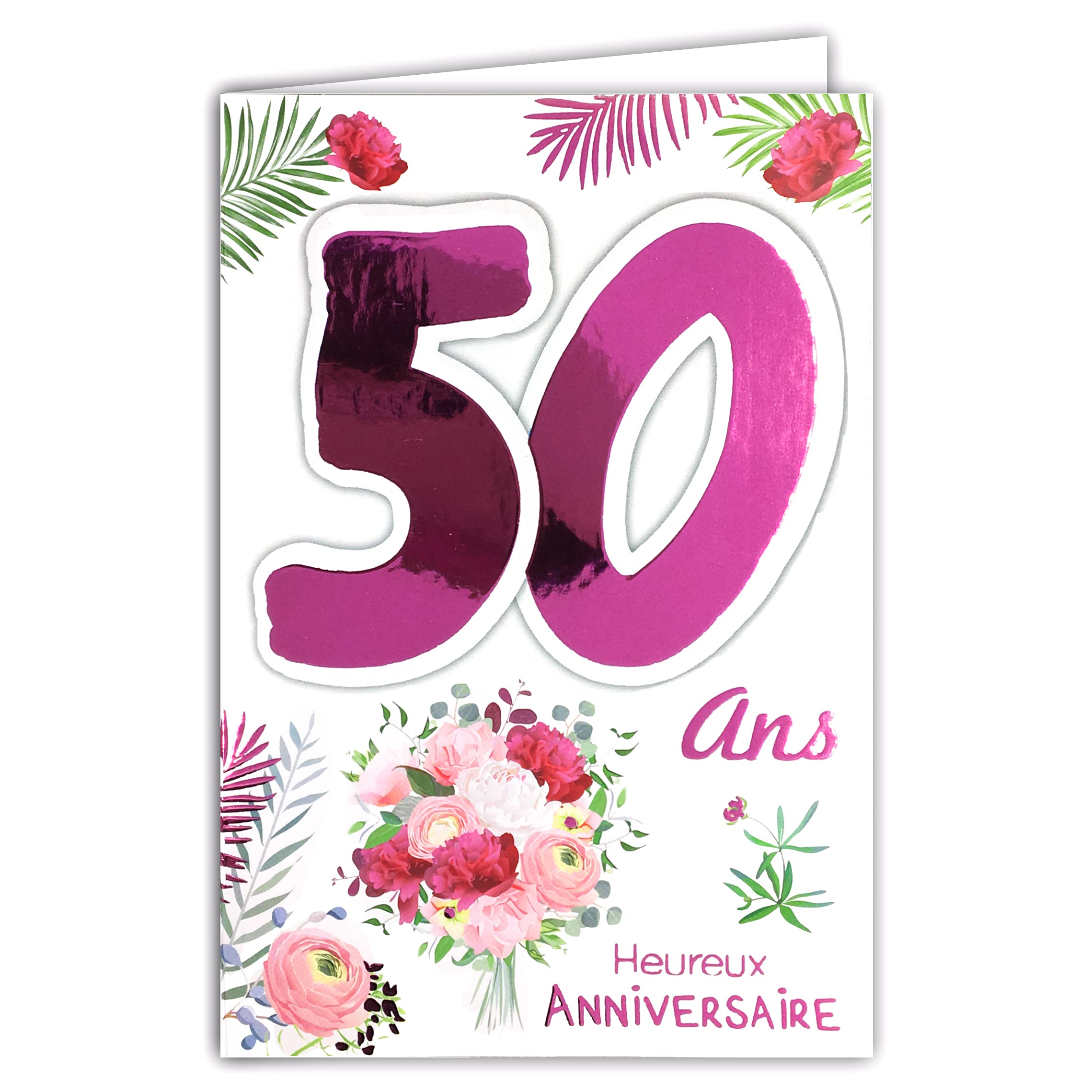 Afie 69-2135 50th Birthday Woman Birthday Card with Envelope Fuchsia Pink Shiny Bouquet Flowers