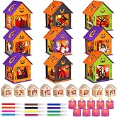 9 Set Halloween Haunted House to Paint, Wooden House Craft Kit, LED Candle | Haunted DIY 3D Craft Bulk for Kids, Halloween Classroom Gifts, Unfinished Cabins for Painting Parties, Holiday Table Decor