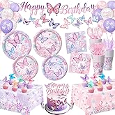 Butterfly Birthday Decorations, Girls Birthday Supplies - Plates, Napkins, Cups, Cutlery, Cake & Cupcake Toppers, Banner, Hanging Swirls, Tablecloth, Balloons for Butterfly Party Decorations, Serve 20