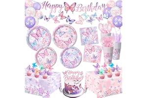LINHAXM Butterfly Birthday Decorations, Girls Birthday Supplies - Plates, Napkins, Cups, Cutlery, Cake & Cupcake Toppers, Banner, Hanging Swirls, Tablecloth, Balloons for Butterfly Party Decorations, Serve 20