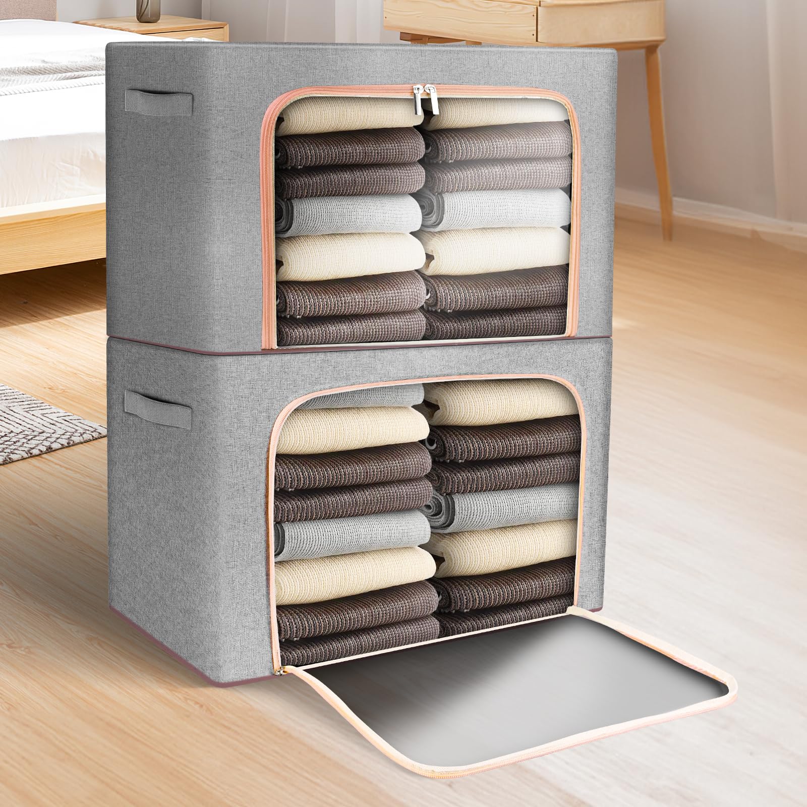 ZONJIE Clothes Storage Bags, Foldable Clothes Storage Boxes with Lids, Clear Window & Carry Handles, Cotton Linen Cloth Steel Frame Box with Zippers for Comforters, Blankets, Bedding (2, 66L)