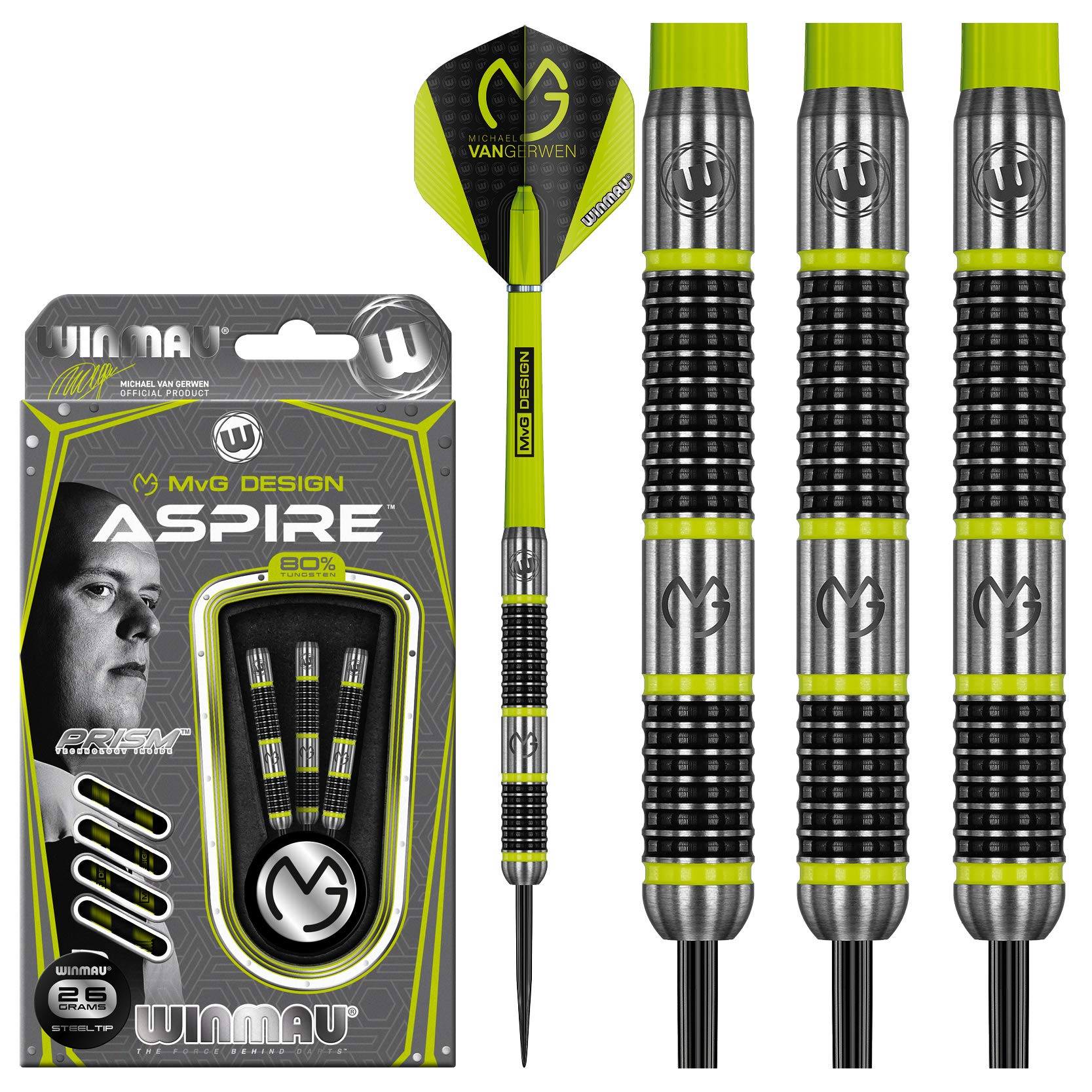 WINMAU Michael van Gerwen MvG Aspire Tungsten Steeltip Darts Set 26g with Prism Flights and Nylon Shafts (Stems)