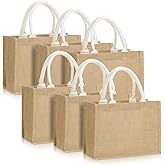 COMNICO 6 Pcs Burlap Tote Bags, Natural Jute Reusable Grocery Bag Canvas Gift Favors Bag with Handle Small Tote Bags for Women Market Grocery Shopping Wedding Birthday Party