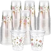 Hushee 60 Pcs Boho Floral Cups with Spring Summer Flower 16 oz Wildflowers Plastic Disposable Drinking Cups for Summer Spring Autumn Birthday Baby Shower Party Supplies