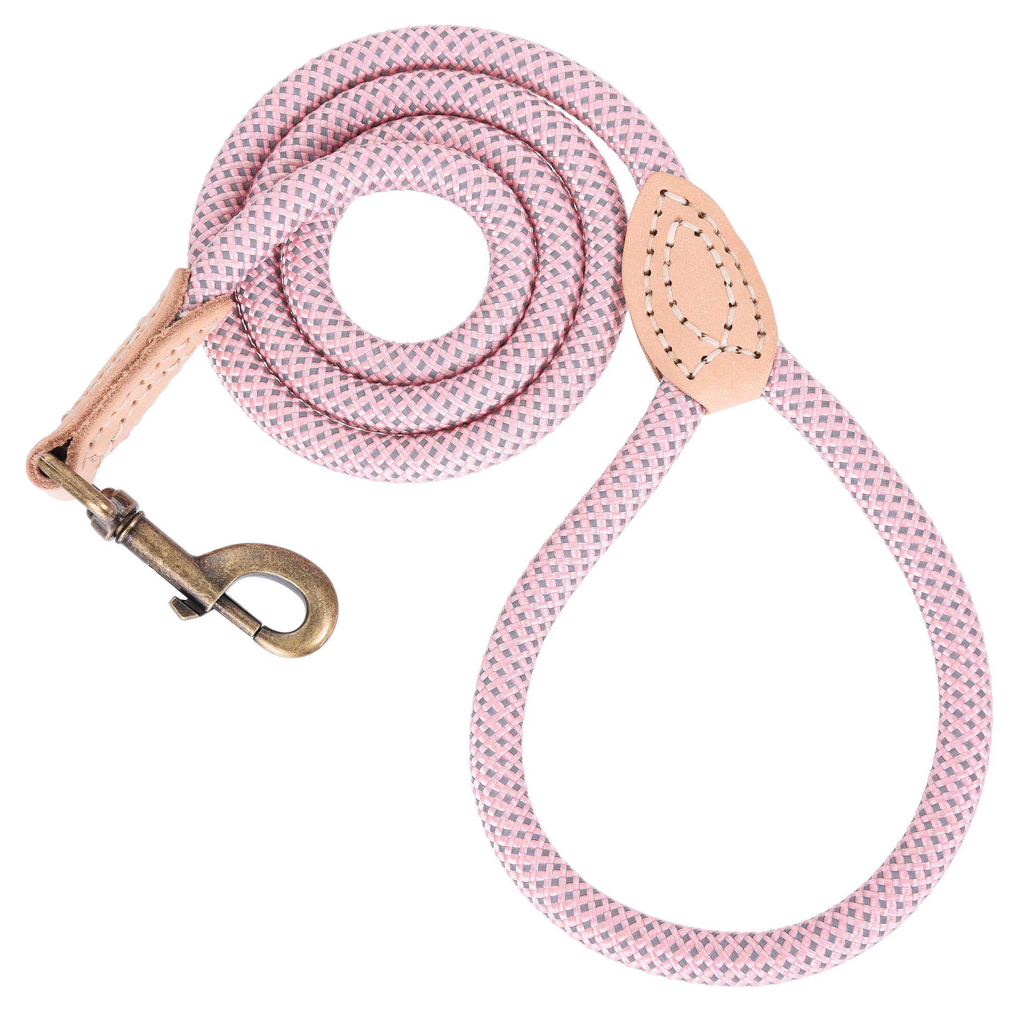 Photo 1 of Mile High Life Dog Rope Leash 4 FT with Genuine Leather Tip, Reflective Rope Leash for Medium Large Dogs (Pink, 48 Inch)