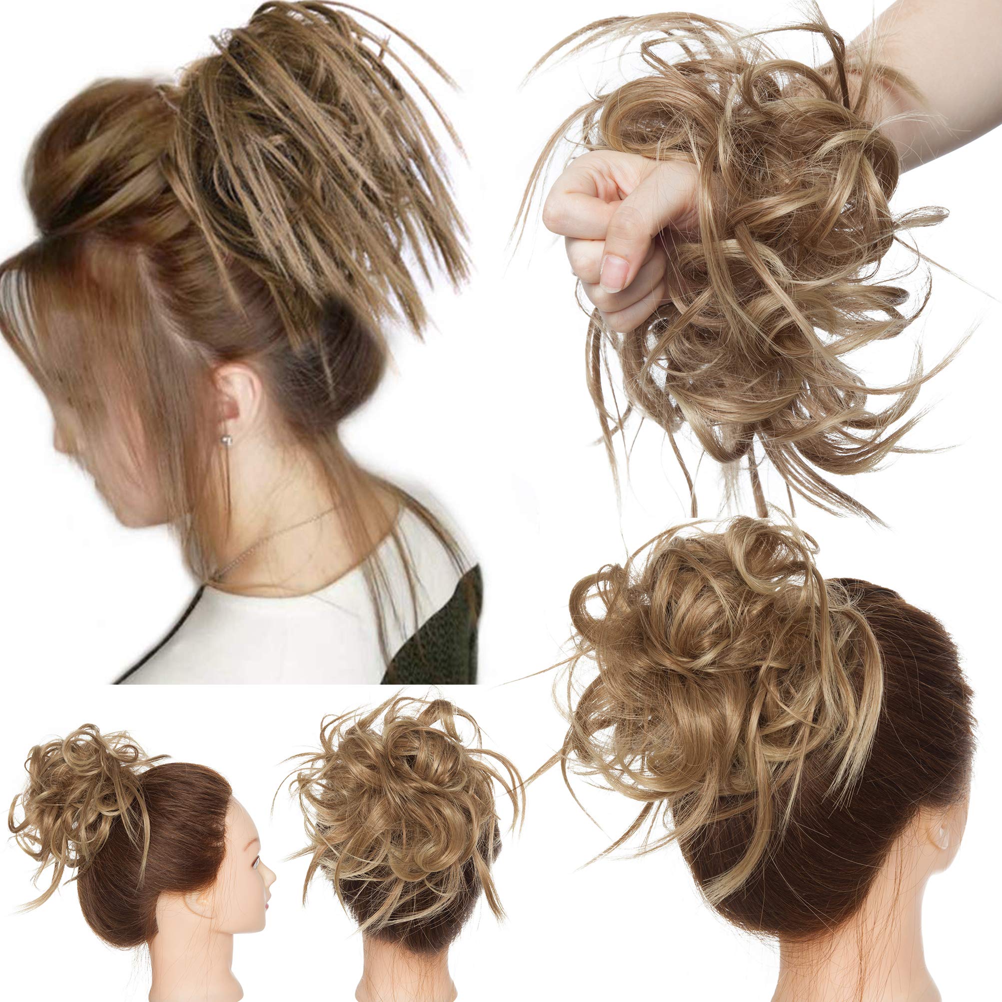 Tousled Updo Messy Bun Hair Piece Scrunchies Hair Synthetic Wavy Bun Extensions Fluffy Updo Scrunchy Chignon with Elastic Rubber Band Wrap on Donut Ponytail Hairpieces Light Brown Dark Blonde mix