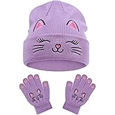 Cat Embroidered Girls Beanie Hat and Gloves Set Kids Knitted Hat Unisex Skull Cuffed Skiing Caps Hats 3-12 Years