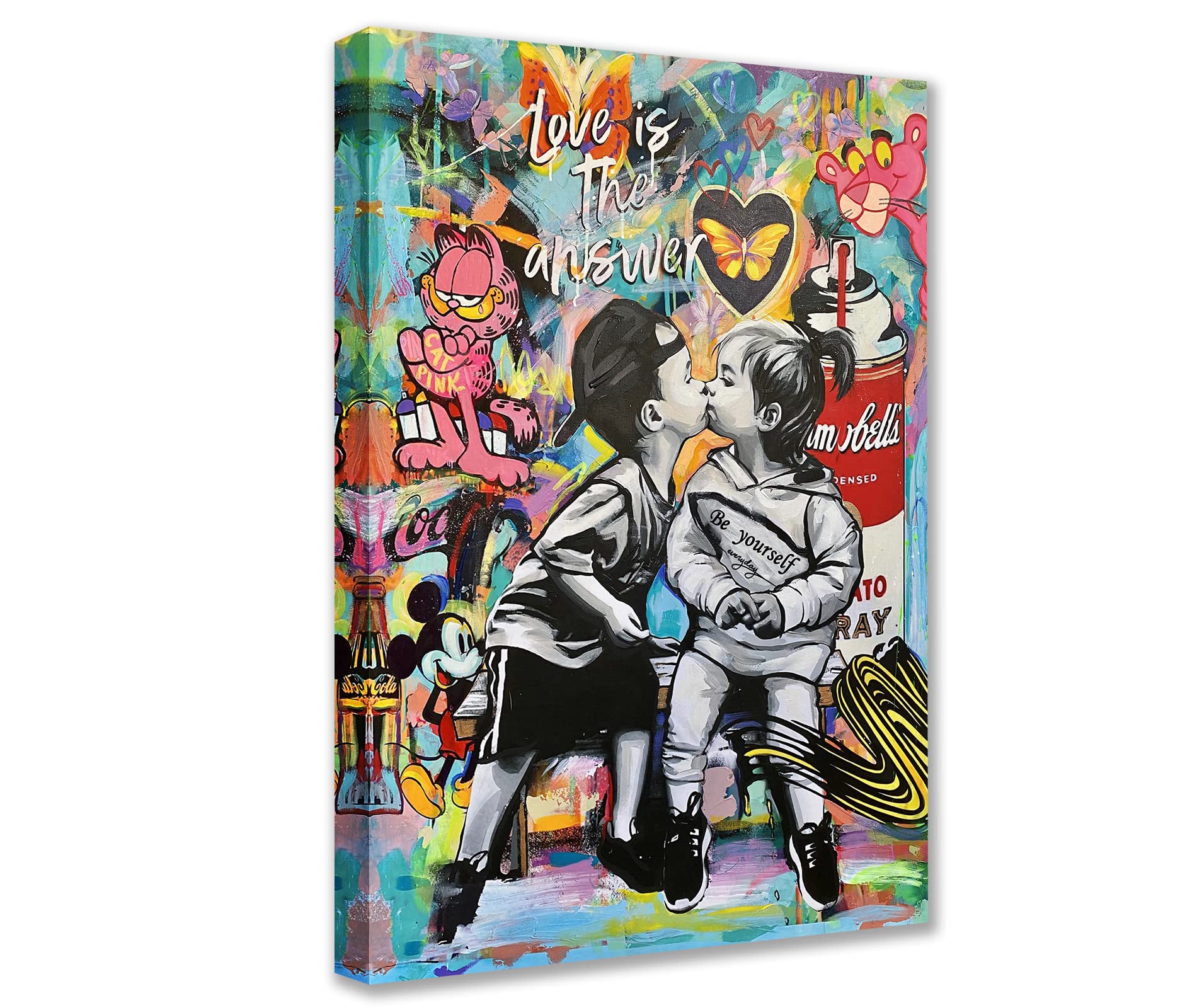 Banksy Street Art Canvas Wall Decor Love is The Answer Graffiti Paintings Little Boy and Girl Kiss Pictures Modern Artwork Home Decor for Living Room Framed Easy to Hang 16x24inch x1Piece