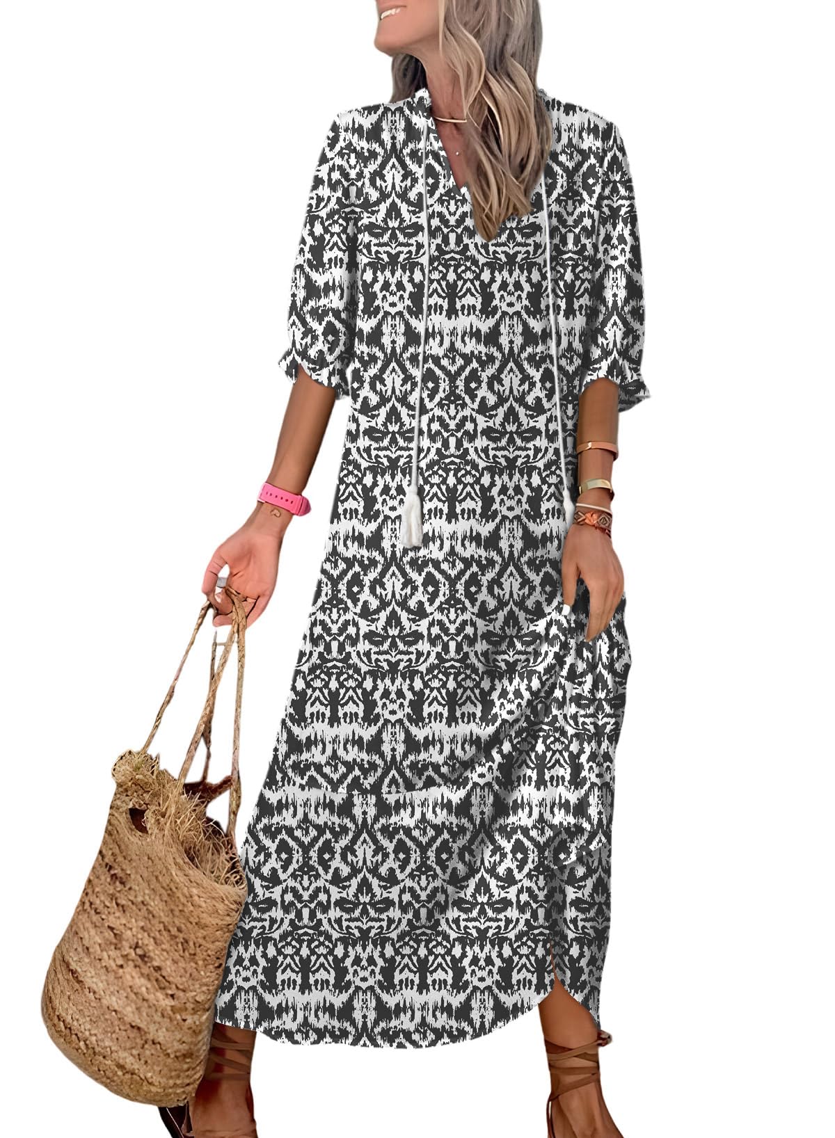 Dokotoo Maxi Dresses for Women Fashion 2025 V Neck Flare Short Sleeve ...