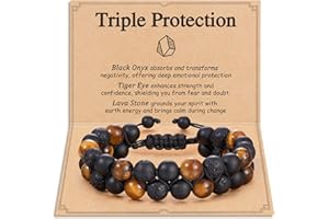 HGDEER Triple Protection Bracelet for Men & Teens - 100% Natural Black Onyx, Tiger Eye & Lava Stone Beads - Adjustable Size with Meaning Card