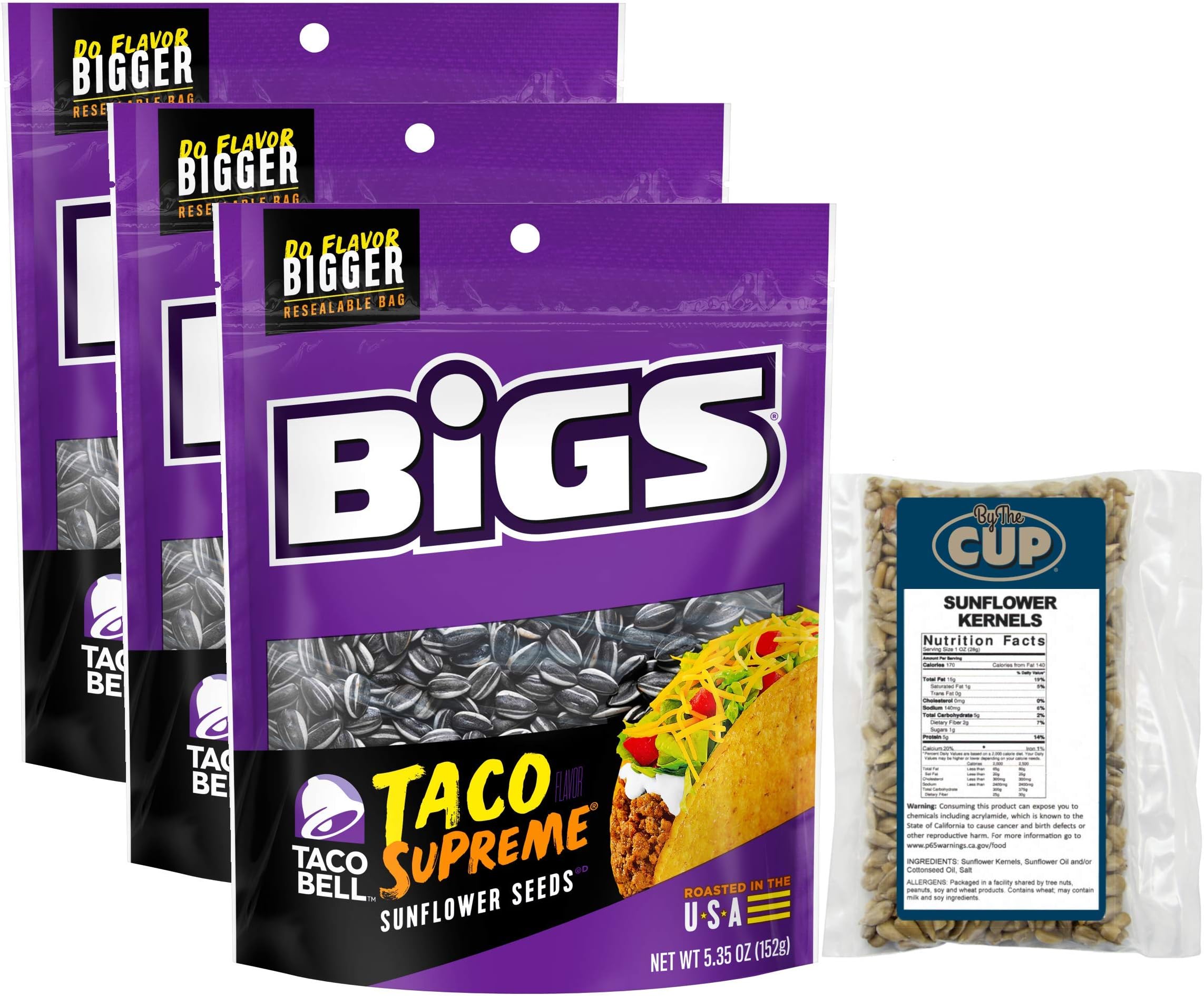 Taco Bell Taco Supreme Sunflower Seeds by BIGS, 5.35 Ounce (Pack of 3) with By The Cup Bag Clip