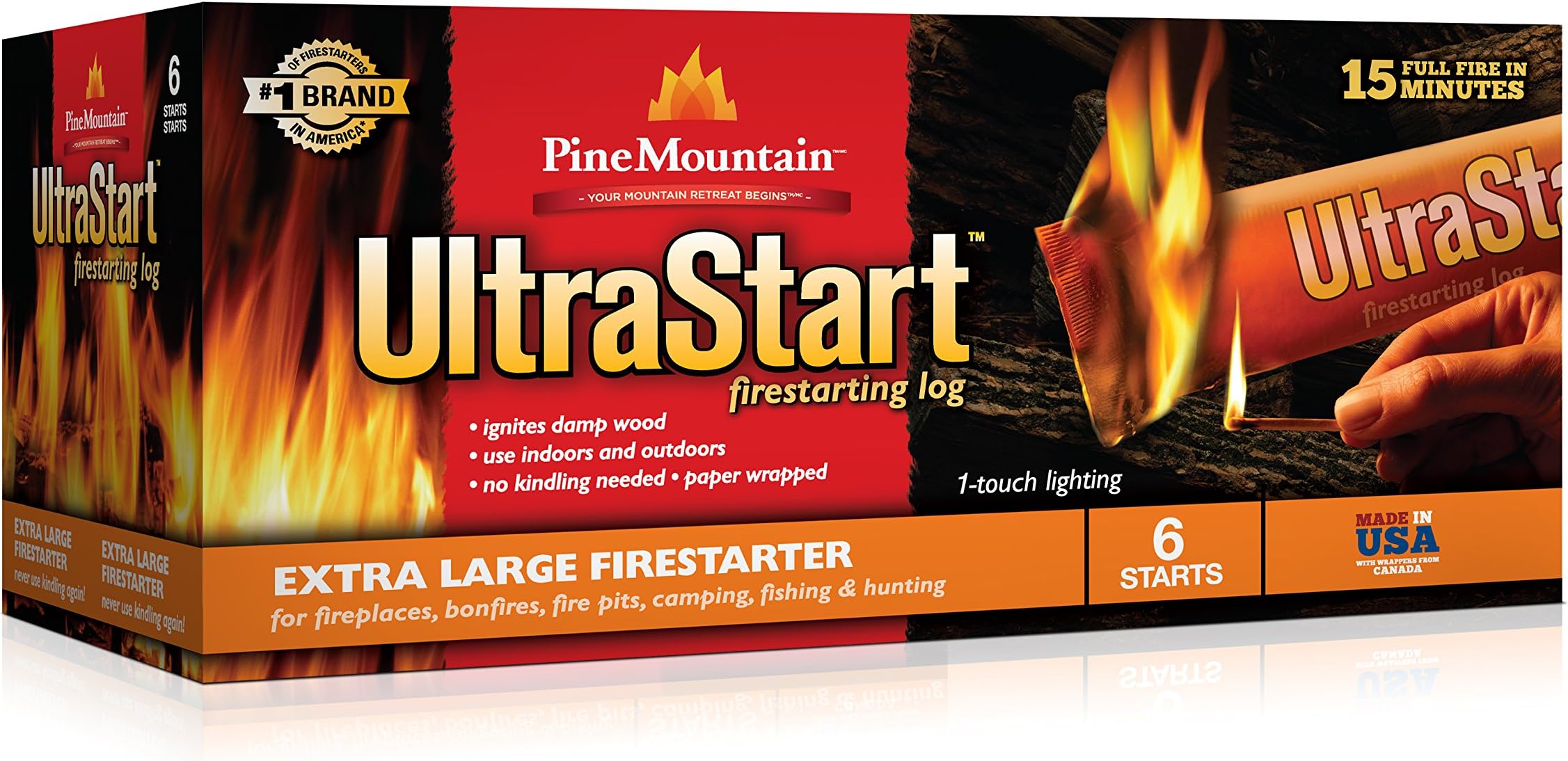 Pine Mountain UltraStart Extra Large Wrapped Firestarting Log, 6 Starts/Logs Firestarter Wood Fire Log for Campfire, Fireplace, Wood Stove, Fire Pit, Indoor & Outdoor Use