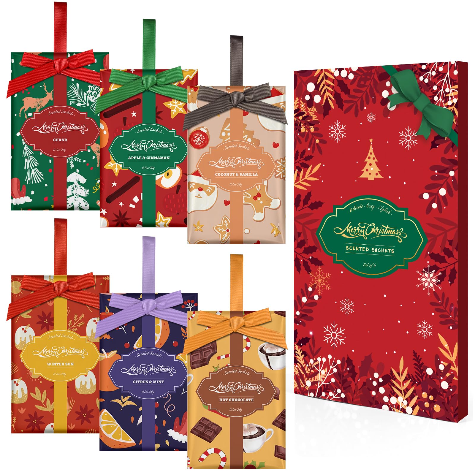 SCENTORINI Scented Sachets for Drawer and Closet, Christmas Long-Lasting Sachets Bags, Cedar, Apple Cinnamon, Coconut & Vanilla, Citrus & Mint, Winter Sun, Hot Chocolate