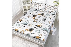 BailiPromise Cartoon Excavator Sheet Set for Kids Boys Teens Truck Construction Bedding Set Full Size Rainbow Construction Vehicle Bed Sheets Under Construction Fitted Sheet & Flat Sheet 4 Piece