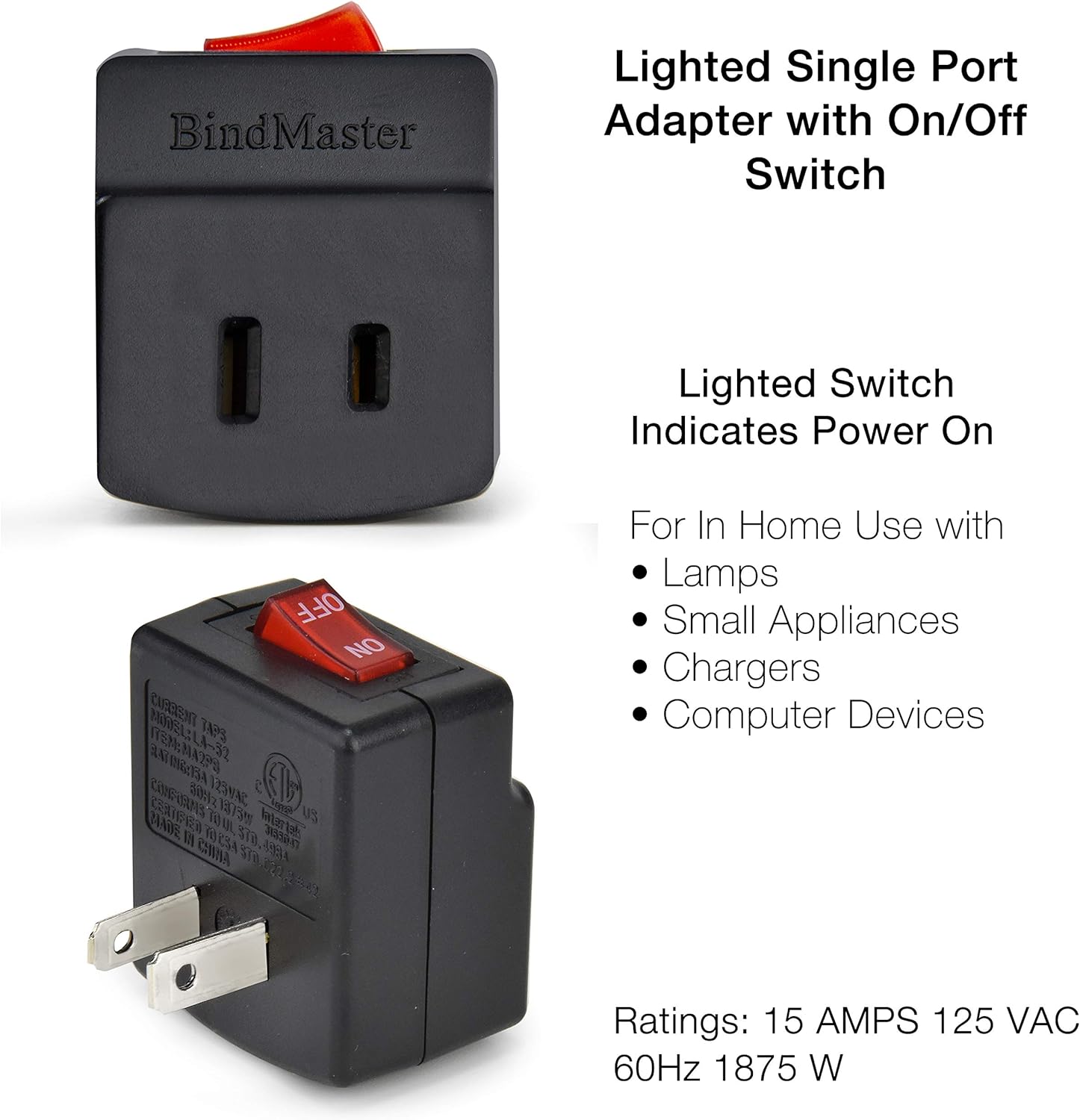 Black {3 Pack} BindMaster Single Port Power Adapter for Outlet with Red