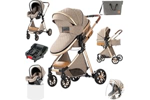 MAGIC ZC 3 in 1 Baby Stroller Travel System, Reversible Newborn Foldable Pram, Infant High Landscape Pushchair, Portable Standard Stroller, Reclining Buggy, Baby Carriage (UDV9-KHAKI with Base)