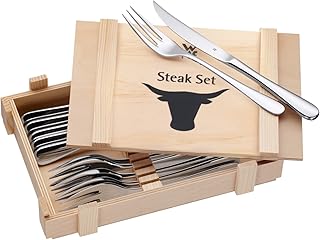 WMF Steakbesteck 12-teilig, Steakbesteck Set für 6 Personen, Steakmesser, Steakgabel, Cromargan Edelstahl poliert, Grillbesteck in Holzkiste