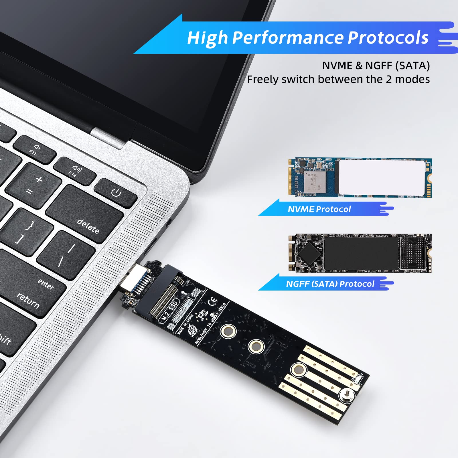 ELUTENG M.2 to USB Adapter Dual Protocol M.2 NVME SATA Hard Drive USB3.1 Gen2 10Gbps USB to NVME PCI-E SSD Reader M Key & B+M Key Max 4TB Support UASP for 2280 2260 2242 2230 SSD Enclosure
