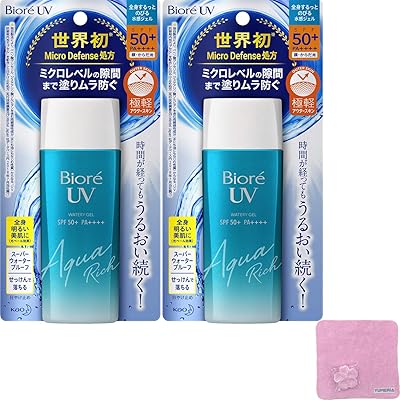 Biore UV Aqua Rich Watery Gel 90ml, Sunscreen, SPF50+ PA++++, Latest Package, Set of 2 with YUMERIA Original Sakura Compressed Hand Towel