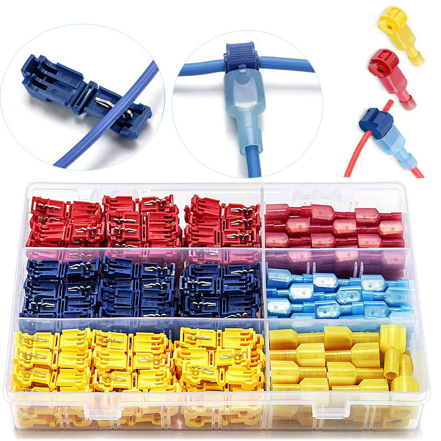 VISSQH 120Pcs T Tap Electrical Connectors,Quick Splice Wire Terminals, T Tap Electrical Connectors, with Nylon Fully Insulated Male Spade Quick Disconnects Kit (Yellow, Red and Blue)