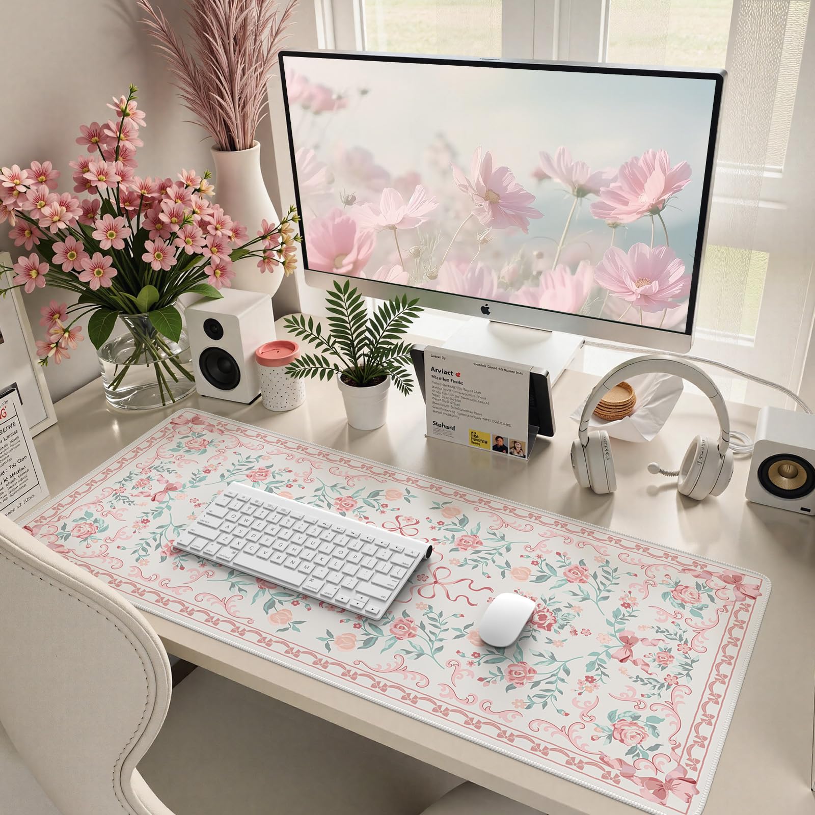 Photo 1 of HAOCOO Pink Bow Desk Pad for Keyboard and Mouse, Non-Slip Large Mouse Pad, Cute Desk Matt for Desktop, Computer Mat with Edge Stitching for Office, Waterproof Desktop Protection