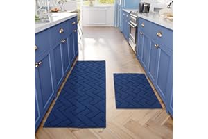 hicorfe Kitchen Rugs and Mats Sets,2 Pieces Super Absorbent Polypropylene Non-Slip Rug,Soft Comfort Floor Mat,Washable for Kitchen,Hallway,Office,Sink,Laundry(20" x 31.5"+20" x 48",Navy Blue)