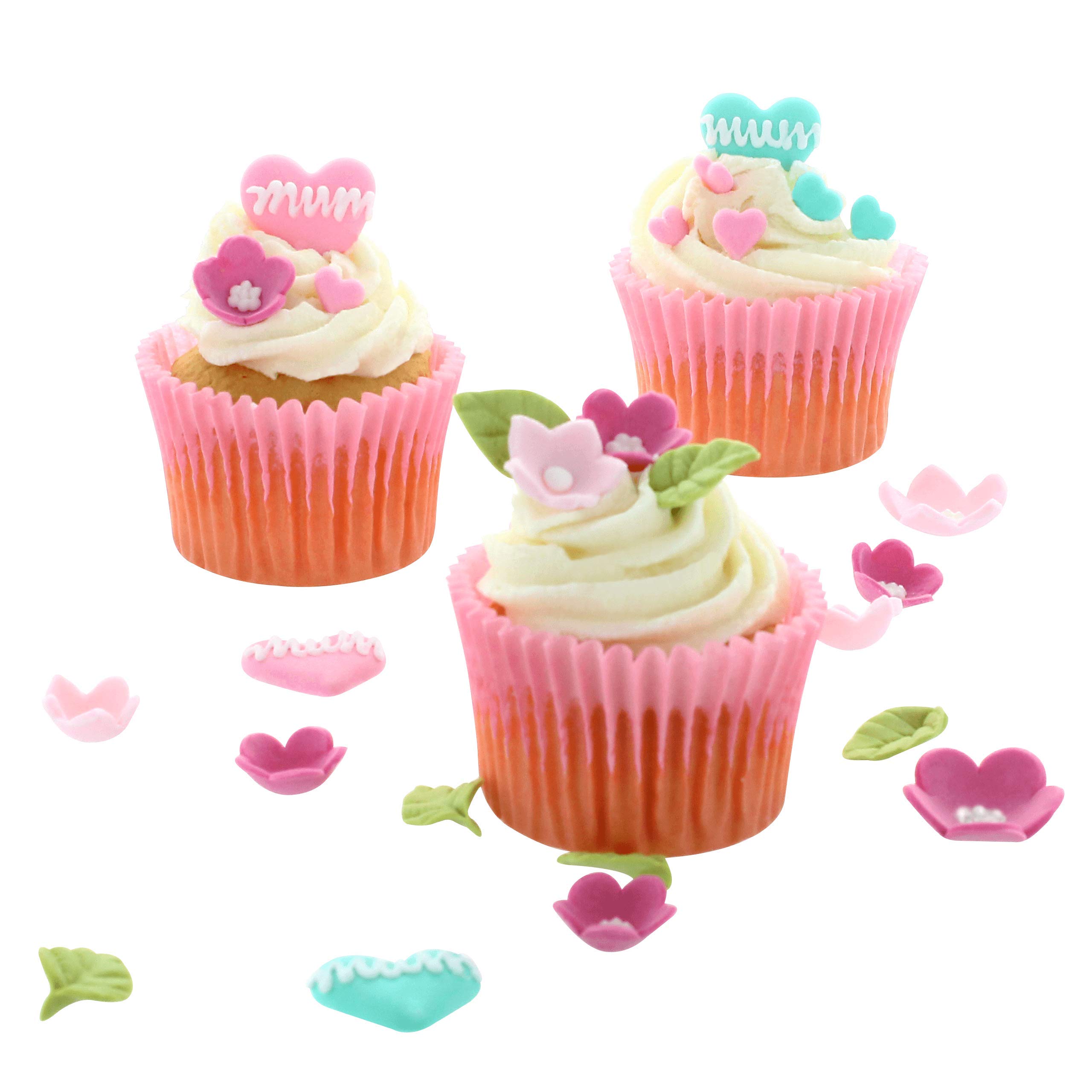 CULPITT Mum Celebration Cupcake Decorating Kit, Baking Decorations Set with 50 Pink Cases, 25 Heart-Shaped Sugar Baking Decorations, 16 Flowers & Leaves, Create Special Cupcakes for Mum on Her Day
