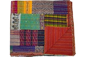 GDONLINE Indian Handmade Quilt Indian Silk Sari Kantha Quilted Patchwork, Silk Kantha Blanket Throw, Boho Vintage Bedspreads Multicolor 60" x 40"