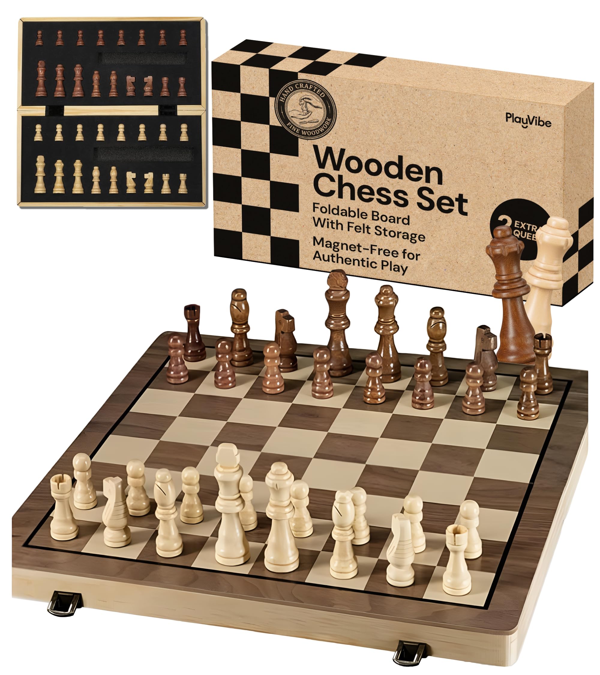 PlayVibe Wooden Chess Set 15'' Board Games for All Players with 2 Extra Queens - Handmade Classic Wooden Chess Board Set, Portable & Folding Playtime Boards, for Adults & Kids