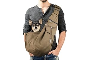 KAMEUN Pet Sling Carrirer Bag for Small Dogs/Cats, Cross Shoulder Canvas Carrying Bags Fits 8-16lb Puppies with Adjustable Strap and Zipped Pockets for Walking, Travel, Outdoor(Khaki)