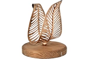 OwlGift Freestanding Modern Napkin Holder w/Bronze Metal Leaf & Brown Wooden Base Design, Tabletop Tissue Dispenser, Napkin S
