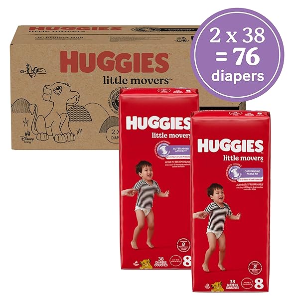HUGGIES SIZE 8 DIAPERS, LITTLE MOVERS BABY DIAPERS, SIZE 8 (46+ LBS), 76 COUNT (2 PACKS OF 38), PACKAGING MAY VARY