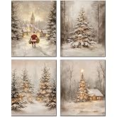 DOFQZ Winter Christmas Wall Art Prints Set of 4, Christmas Home Room Decor, Vintage Winter Xmas Pine Tree Forest Santa Cabin Posters for Home Bedroom Living Room Decor, 8x10 Unframed