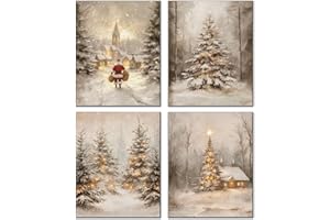 DOFQZ Winter Christmas Wall Art Prints Set of 4, Christmas Home Room Decor, Vintage Winter Xmas Pine Tree Forest Santa Cabin Posters for Home Bedroom Living Room Decor, 8x10 Unframed