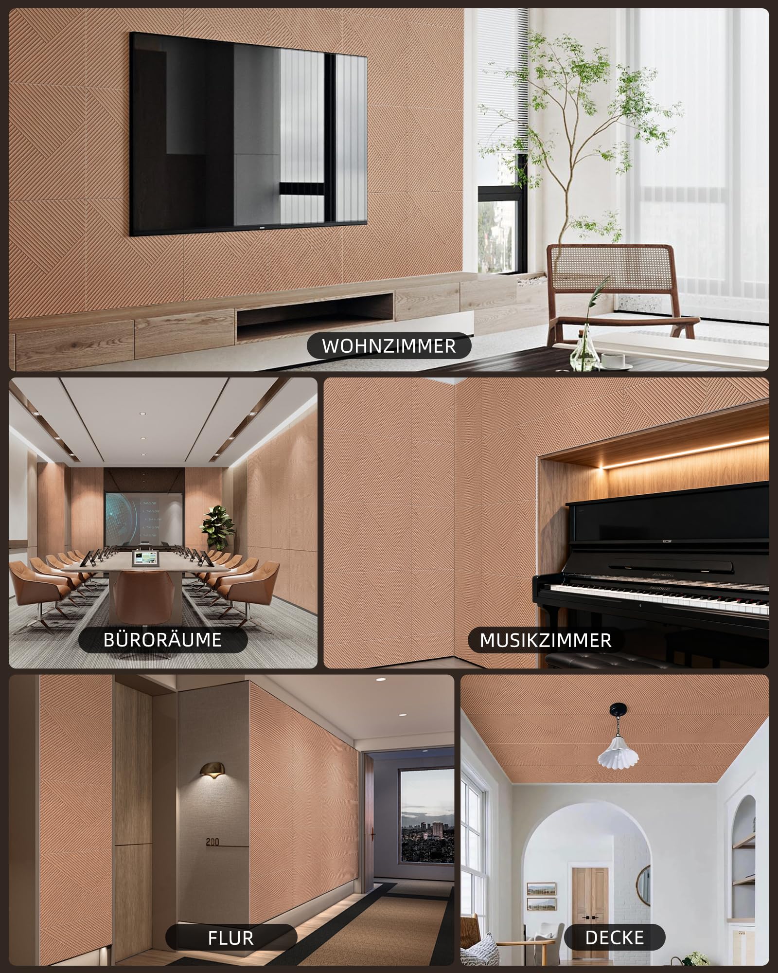 JAMELO Große Akustikpaneele, 6er-Pack 60cm x 60cm Schallschutzplatten mit Holzmusterdruck, selbstklebende dekorative Schallabsorber Schallschutz 3D Wandpaneele auf Filz für Studio und Zuhause 7