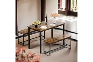 SumKea 3-Piece Dining Table Set for 4, Bar Table with 2 Dining Benches, 43.3'' Wood Kitchen Table & Chair Set for Breakfast Nook and Small Space, Brown&Black